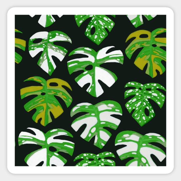 Variegated Monstera Pattern in Gouache-Dark Sticker by paintedpansy